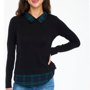 S / NWT J.Crew Plaid Woven Collar Sweater Black with Black Watch Combo